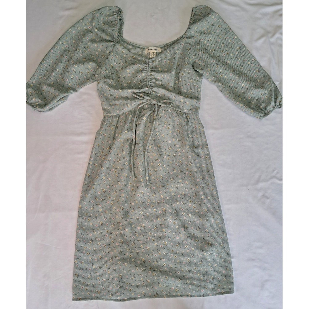 Monteau Lt Blue/Grn Floral Puff Sleeve Ruched Milkmaid Babydoll y2k‎ Dress S